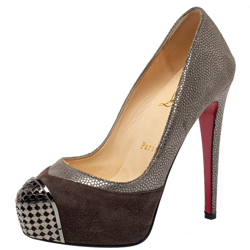 

Christian Louboutin Two Tone Textured Suede Maggie Embellished Cap Toe Platform Pumps Size, Brown