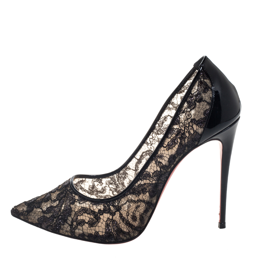 

Christian Louboutin Black Lace and Patent Leather Follies Pointed Toe Pumps Size