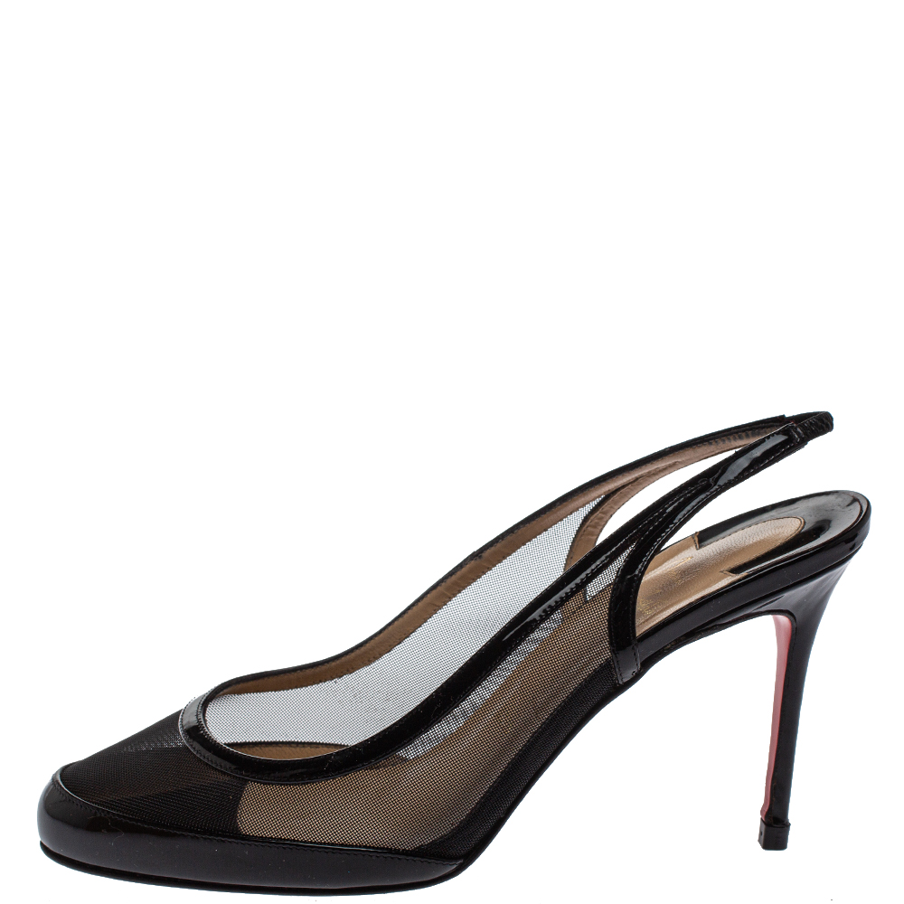 

Christian Louboutin Black Patent Leather And Mesh Slingback Sandals Size