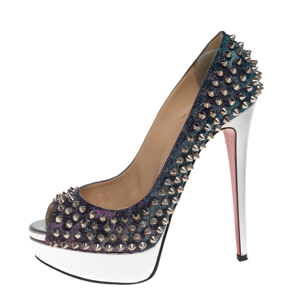 

Christian Louboutin Multicolor Lame Fabric And Leather Lady Peep Toe Spike Platform Pumps Size