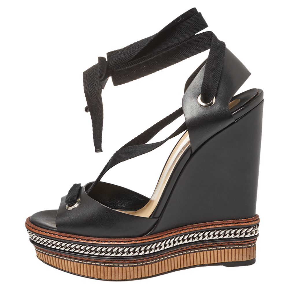 

Christian Louboutin Black Leather Tribuli Wedge Sandals Size