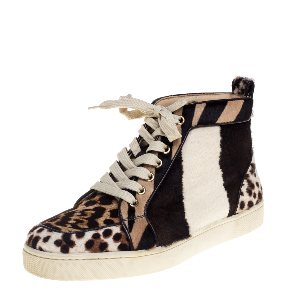 Pre-owned Christian Louboutin Brown/white Leopard Print Calf Hair Rantus Orlato High Top Sneakers Size 39