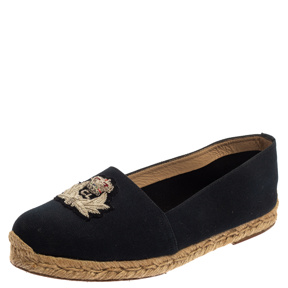Pre-owned Christian Louboutin Navy Blue Canvas Gala Embroidered Crest Espadrilles Size 39