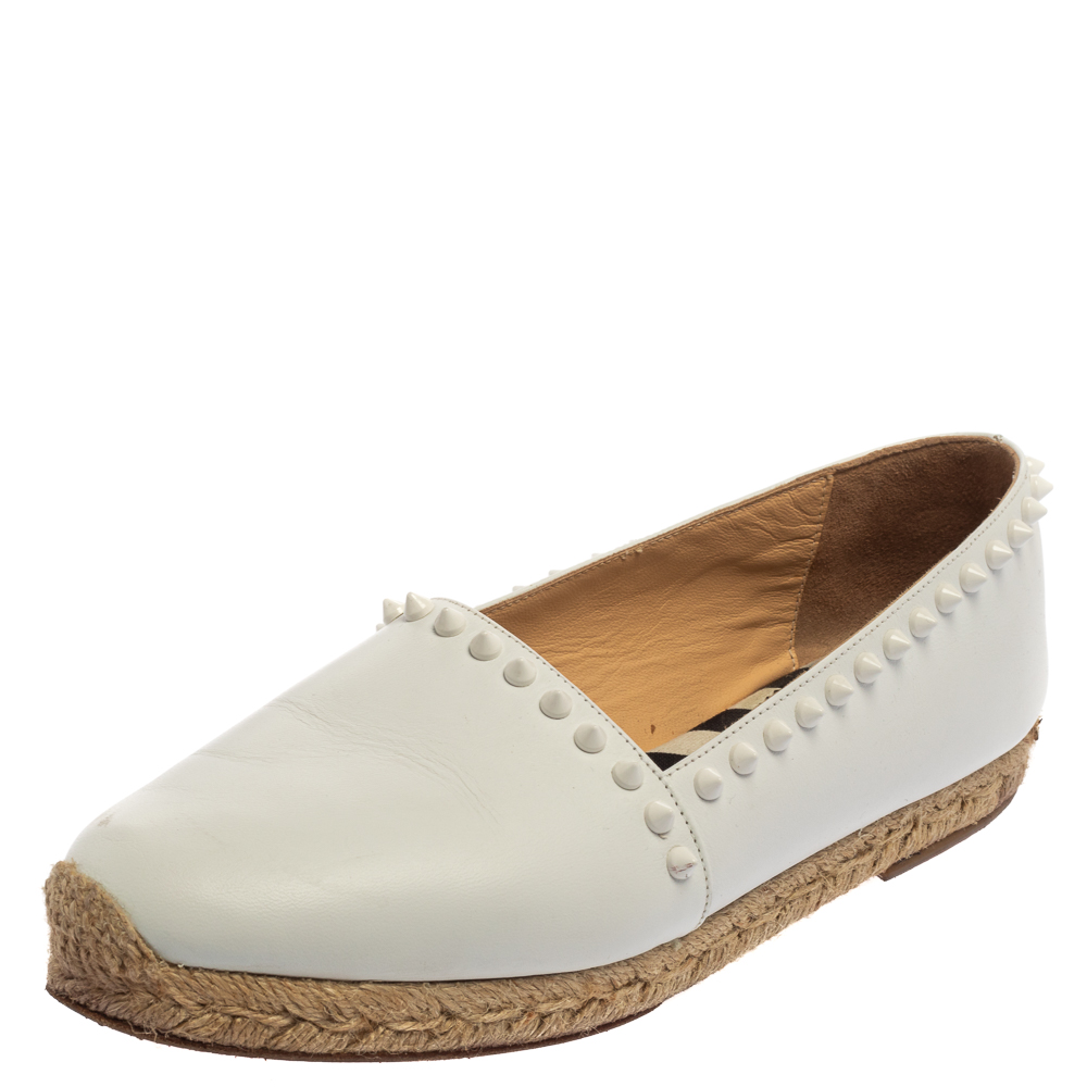 Pre-owned Christian Louboutin White Leather Melides Spike Trim Flat Espadrilles Size 39