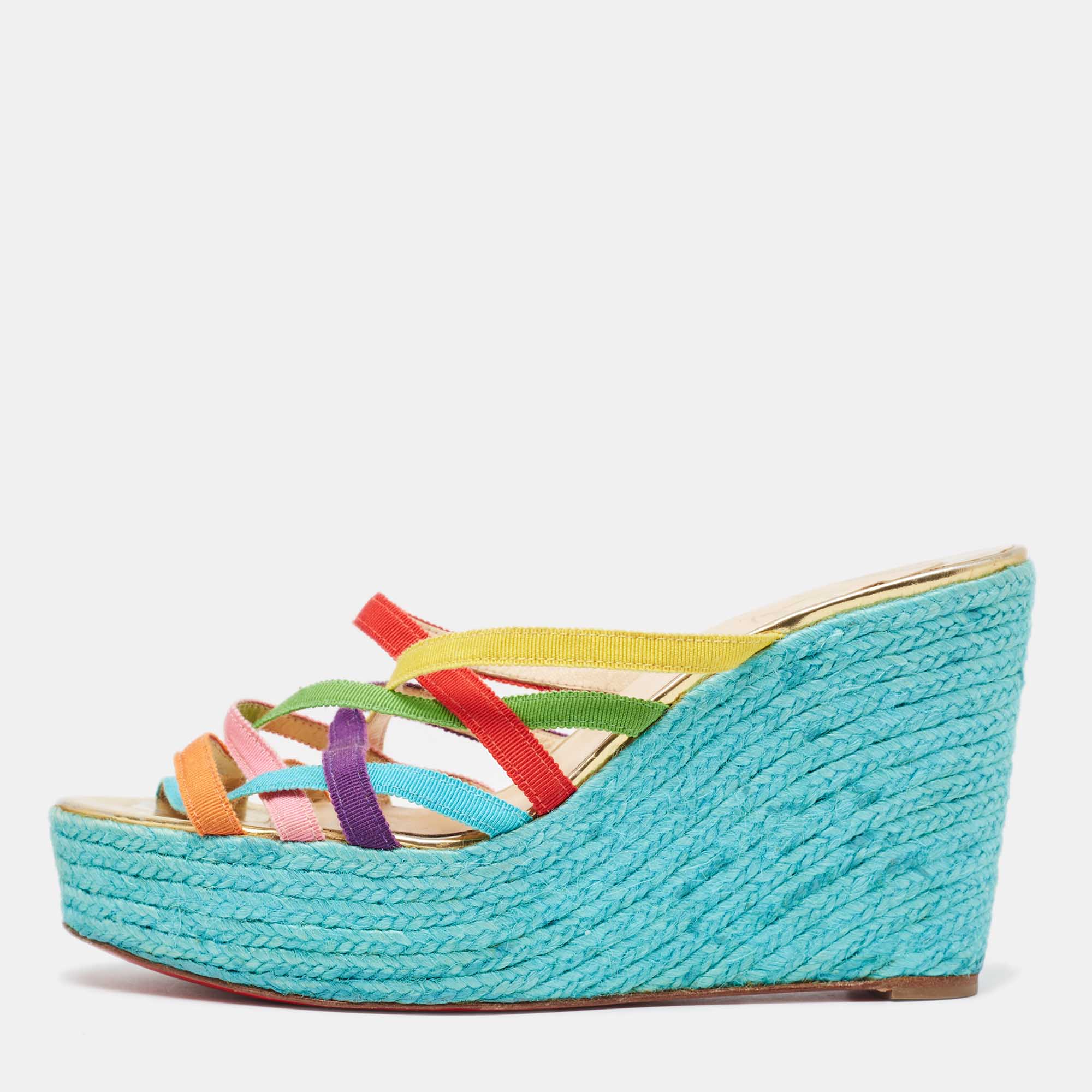 Pre-owned Christian Louboutin Multicolor Fabric Crepon 110 Espadrille Wedge Platform Sandals Size 40