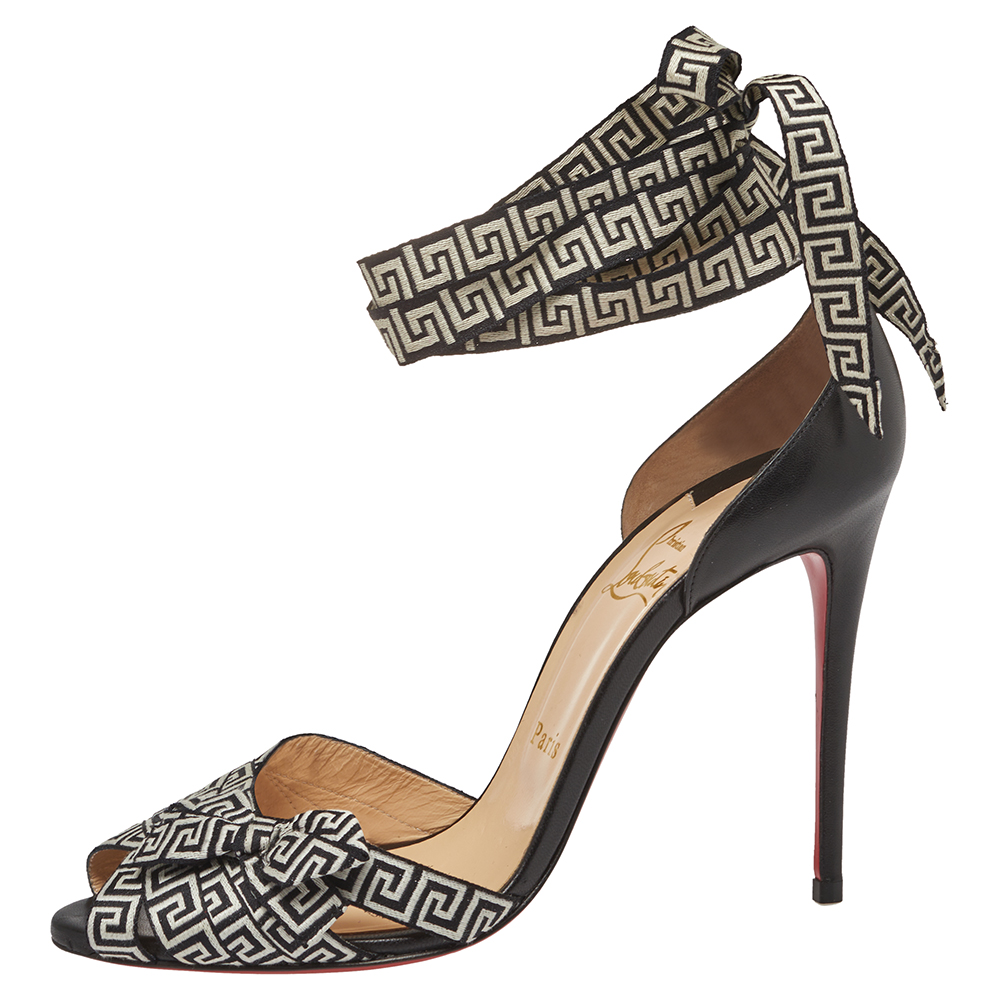 

Christian Louboutin Black/monochrome Leather And Fabric Christeriva Ankle Wrap Sandals Size