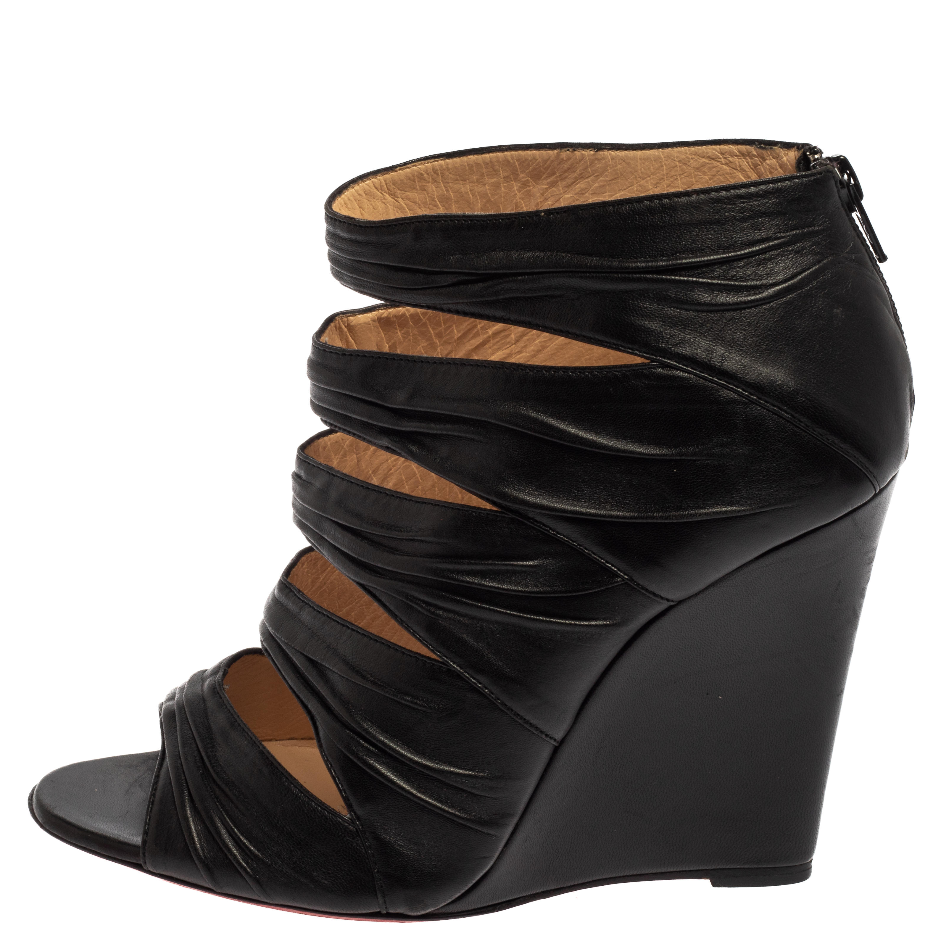 

Christian Louboutin Black Leather Ruched Cut Out Developpa Booties Size