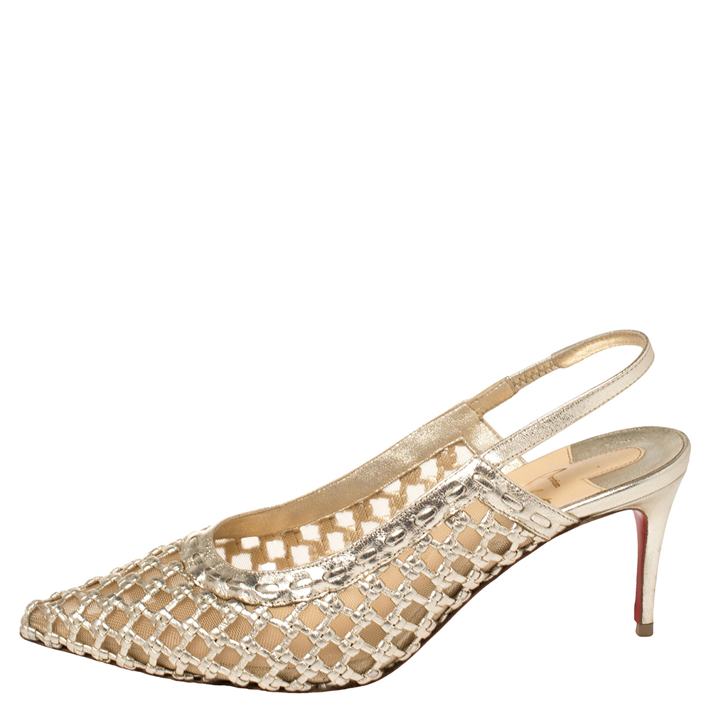 

Christian Louboutin Gold Leather and Mesh Miluna Slingback Sandals Size