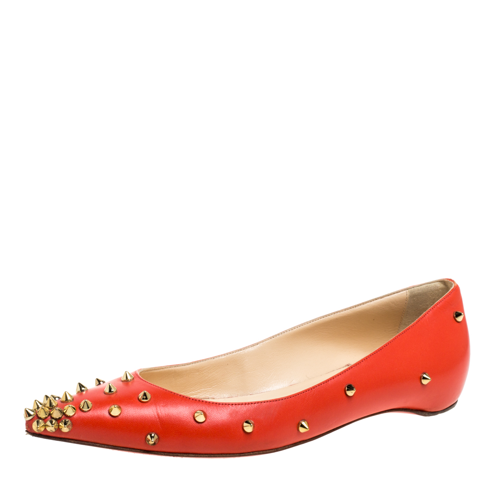 Pre-owned Christian Louboutin Orange Leather Pigalle Spikes Ballet Flats Size 37.5