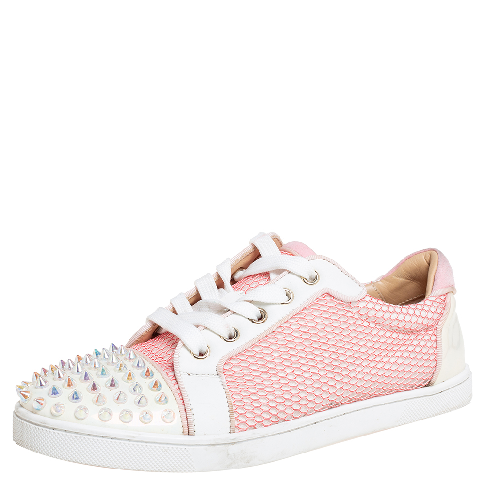 Pre-owned Christian Louboutin Pink Fabric And Patent Leather Spiked Louis Junior Sneakers Size 37