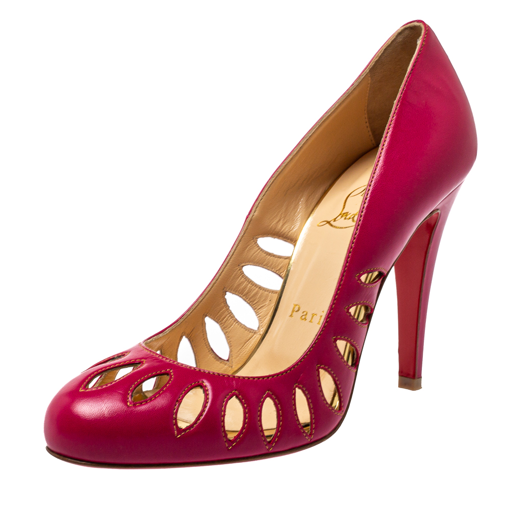 Get set to take the center stage in these fabulous pumps from Christian Louboutin The pink pair is crafted from leather styled with a laser cut design and elevated on 10.5 cm heels. Leather lined insoles ensure you wont compromise on comfort for style.