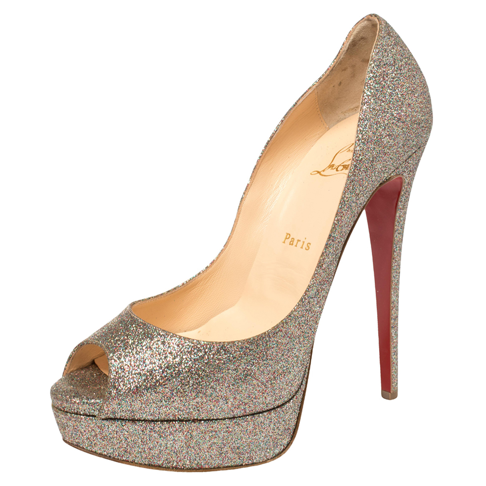 Pre-owned Christian Louboutin Multicolor Glitter Lady Peep Toe Pumps Size 40