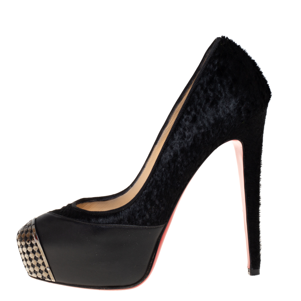 

Christian Louboutin Black Leather And Pony Hair Maggie Platform Pumps Size