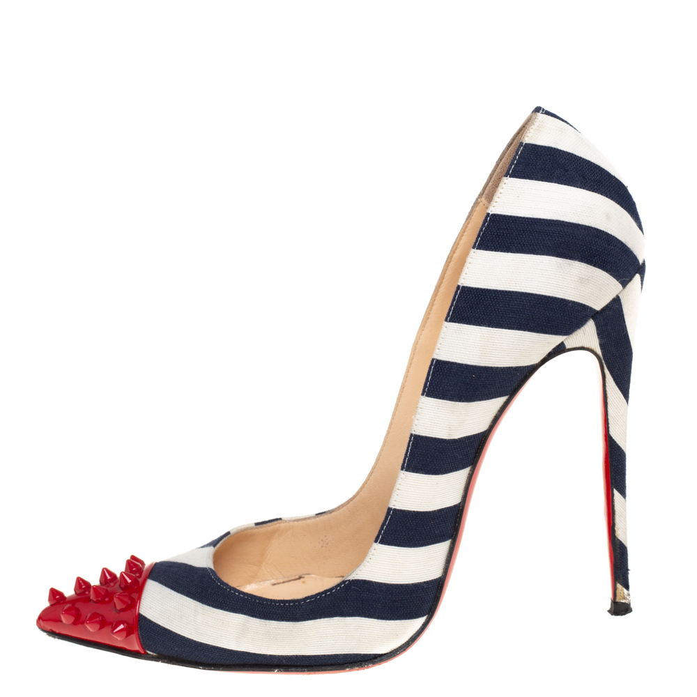 

Christian Louboutin Blue/ White Canvas And Patent Leather Geo Striped Spike Pumps Size, Multicolor