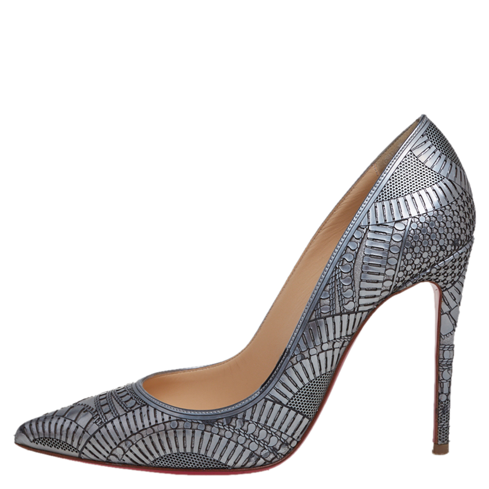 

Christian Louboutin Metallic Silver Laser Cut Leather Kristali Pointed Toe Pumps Size