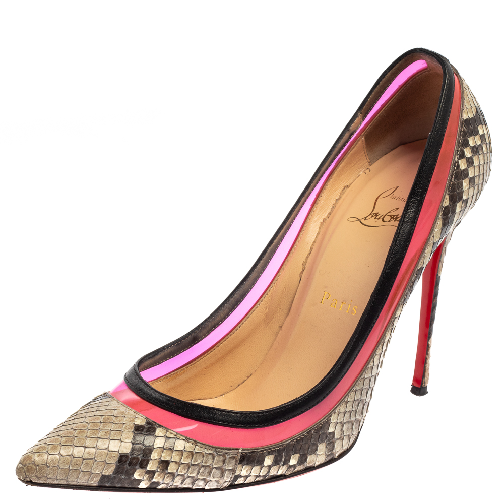 Pre-owned Christian Louboutin Two Tone Python And Pvc Paulina Pointed Toe Pumps Size 40 In Brown