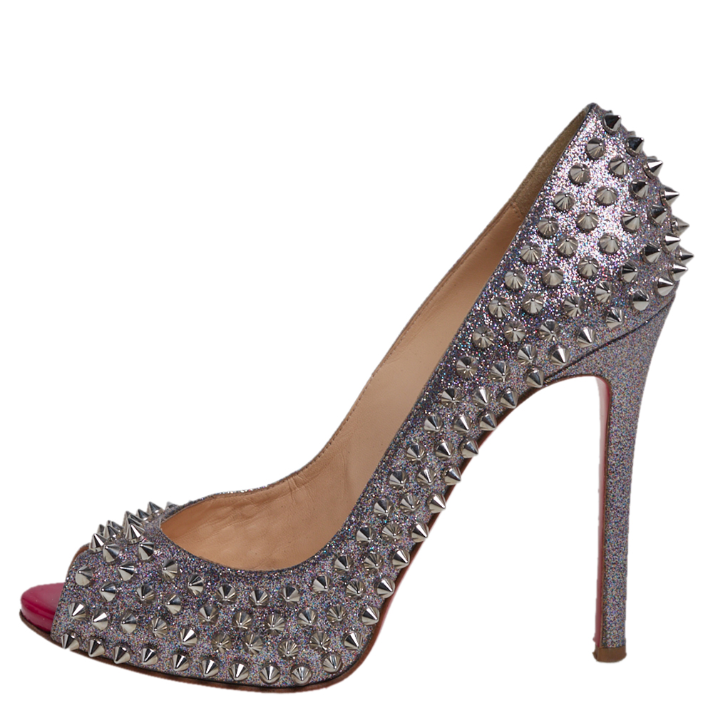 

Christian Louboutin Silver Glitter Leather Flo Pumps Size