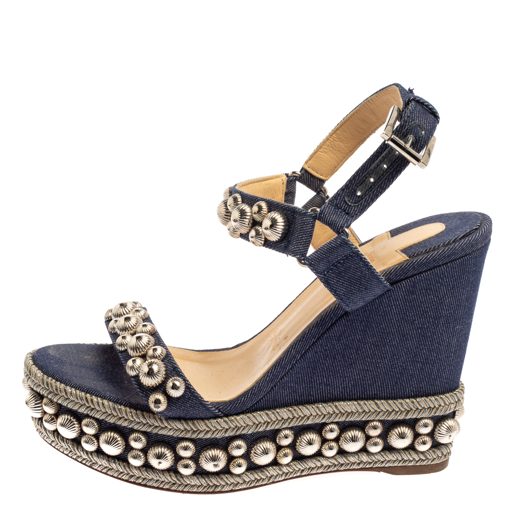 

Christian Louboutin Blue Denim Fabric Rondaclou Wedge Sandals Size