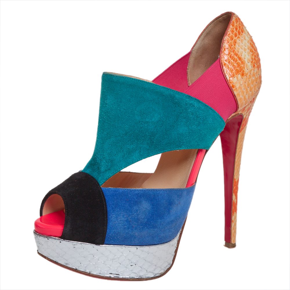 Pre-owned Christian Louboutin Multicolour Python Leather And Suede Pitou Pumps Size 37.5 In Multicolor