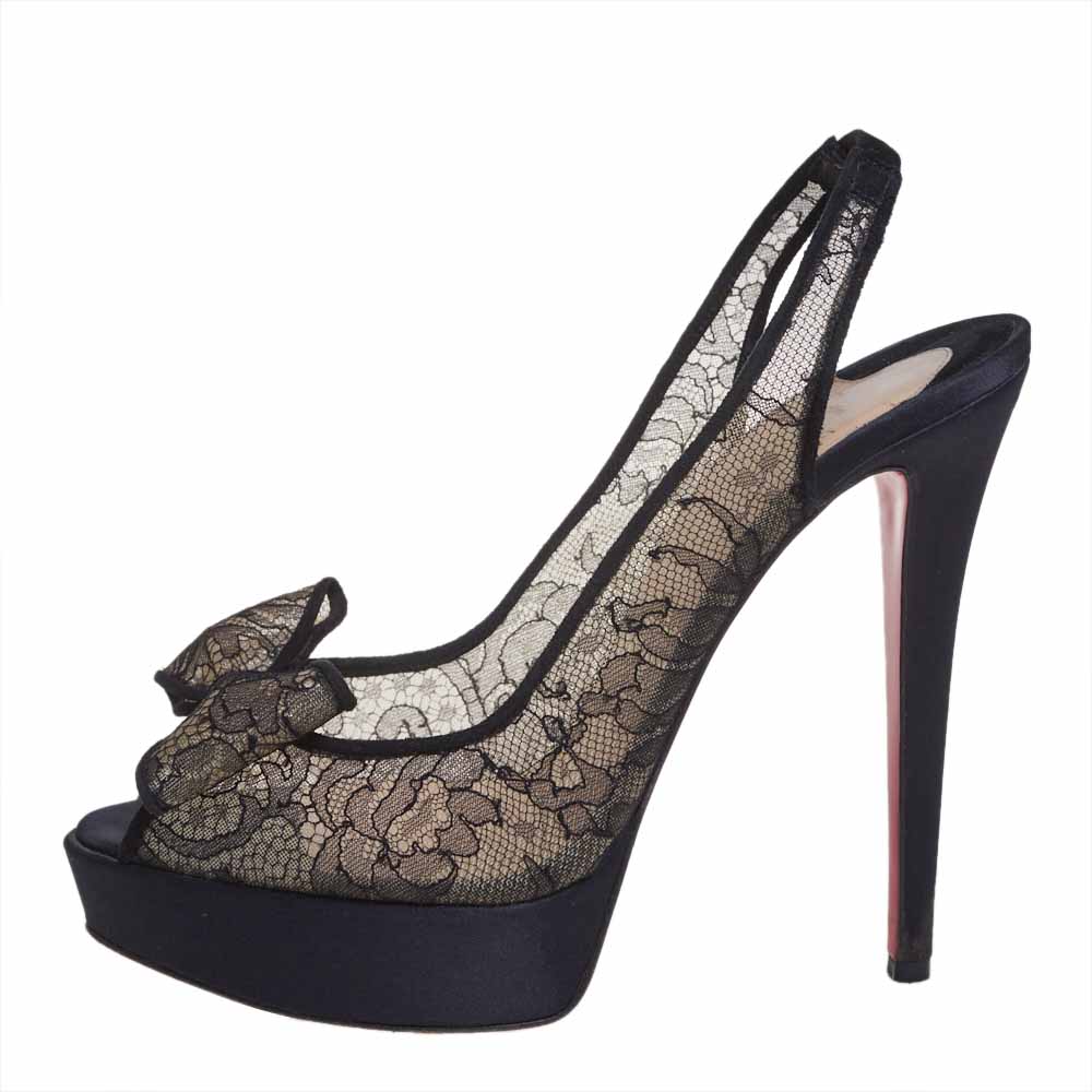 

Christian Louboutin Black Satin and Lace Exclu Slingback Sandals Size