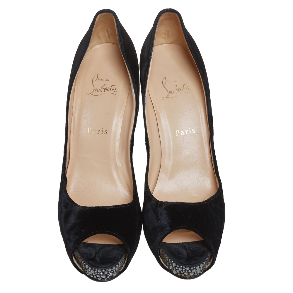 

Christian Louboutin Black Velvet Very Prive Peep Toe Pumps Size