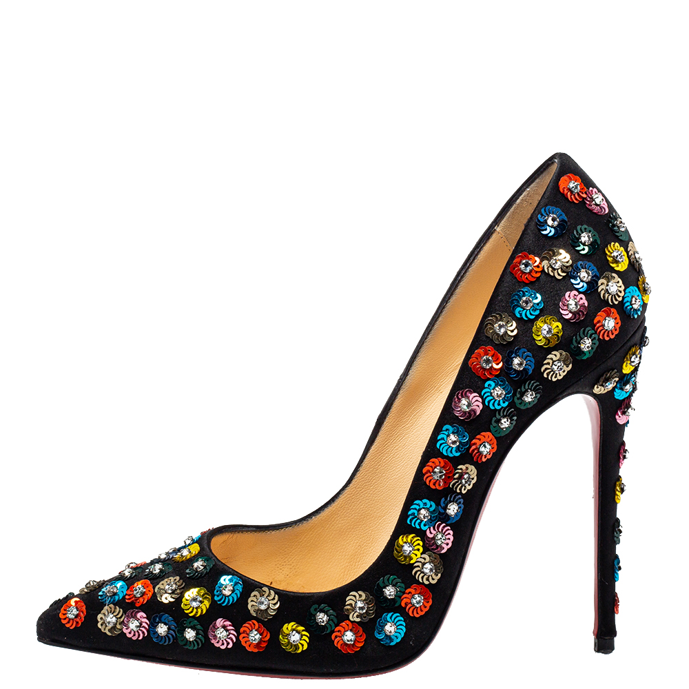 

Christian Louboutin Black Satin Embellished Fiorilili Pumps Size