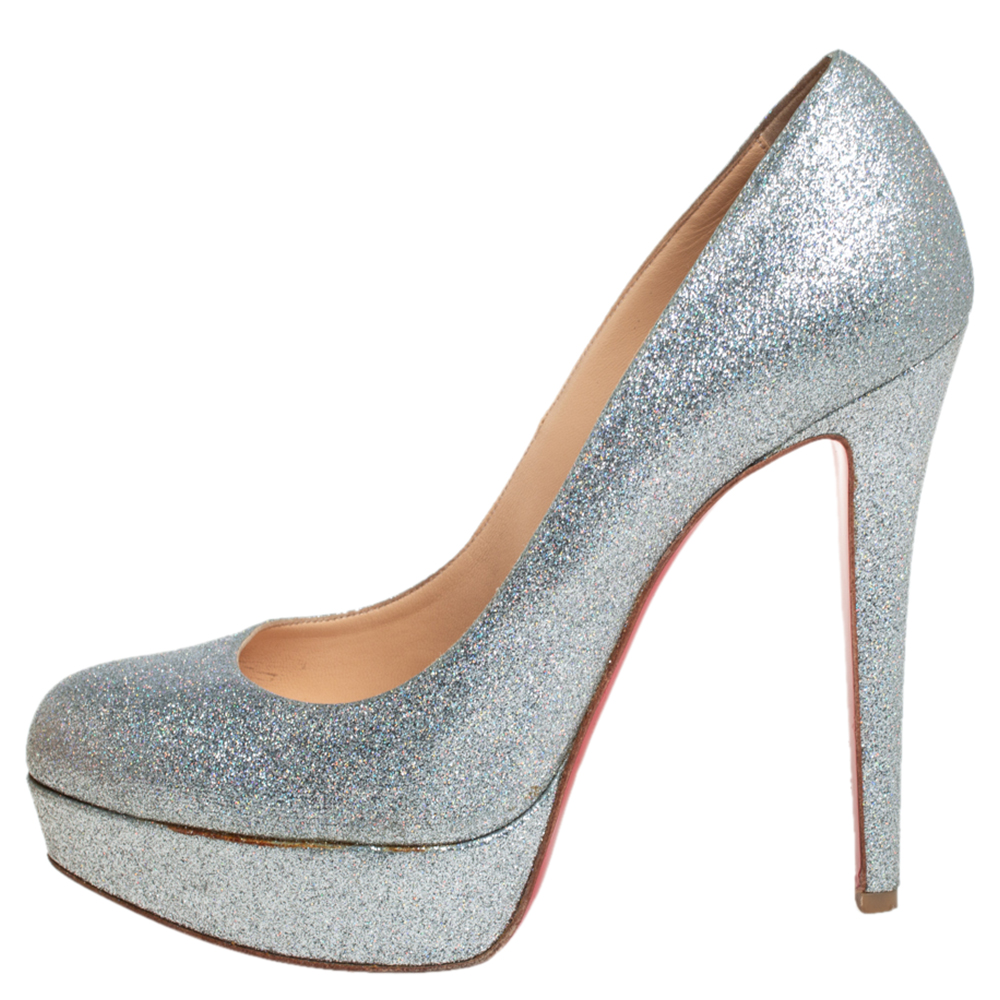 

Christian Louboutin Silver Glitter Bianca Platform Pumps Size