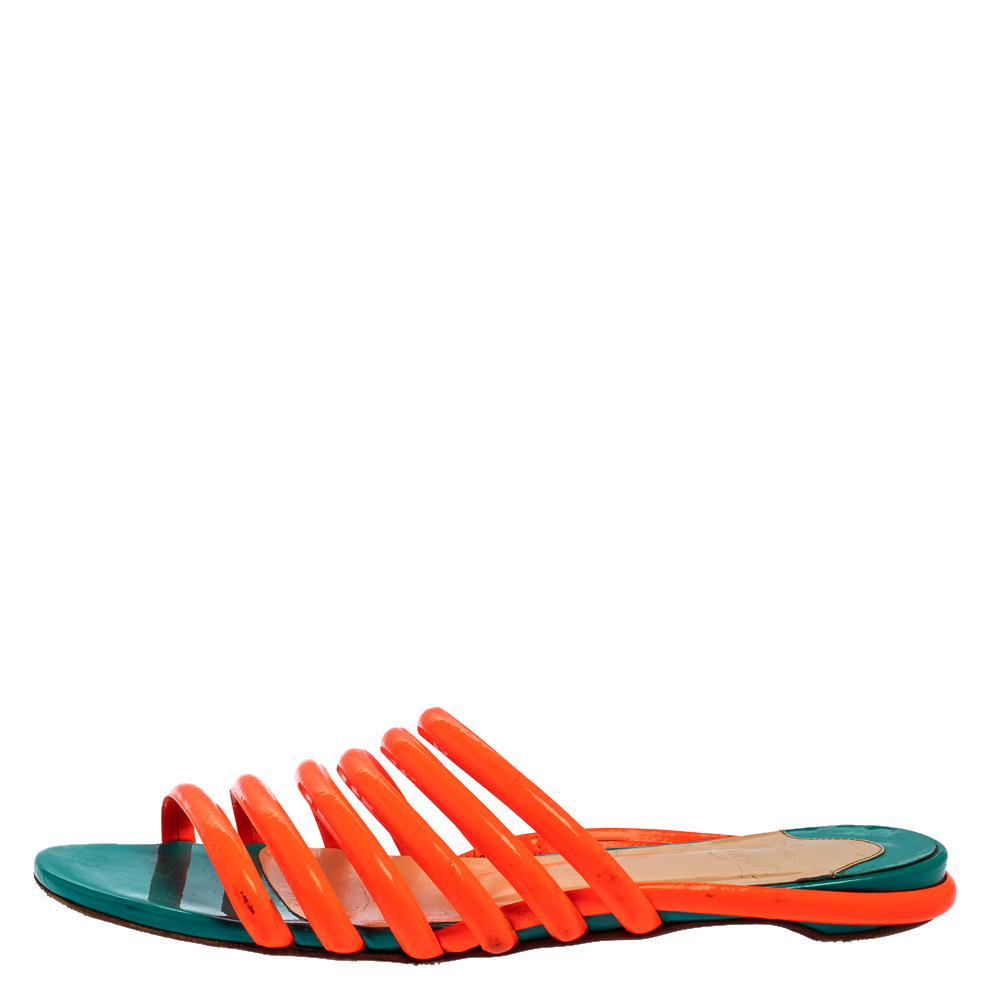 

Christian Louboutin Neon Orange Patent Leather Slide Sandals Size