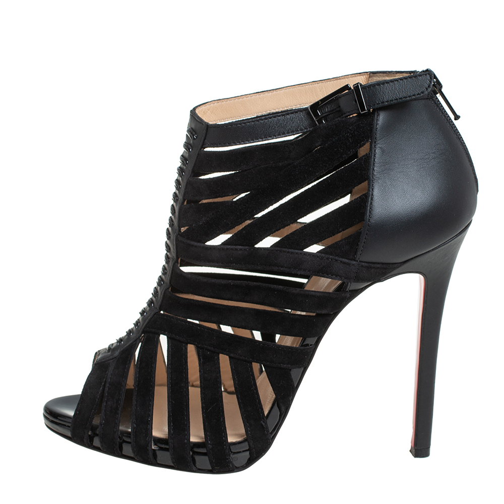 

Christian Louboutin Black Leather And Suede Caged Karina Ankle Booties Size