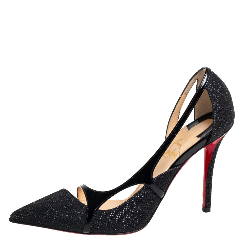 

Christian Louboutin Black Glitter And Patent Leather Edith D'orsay Pumps Size