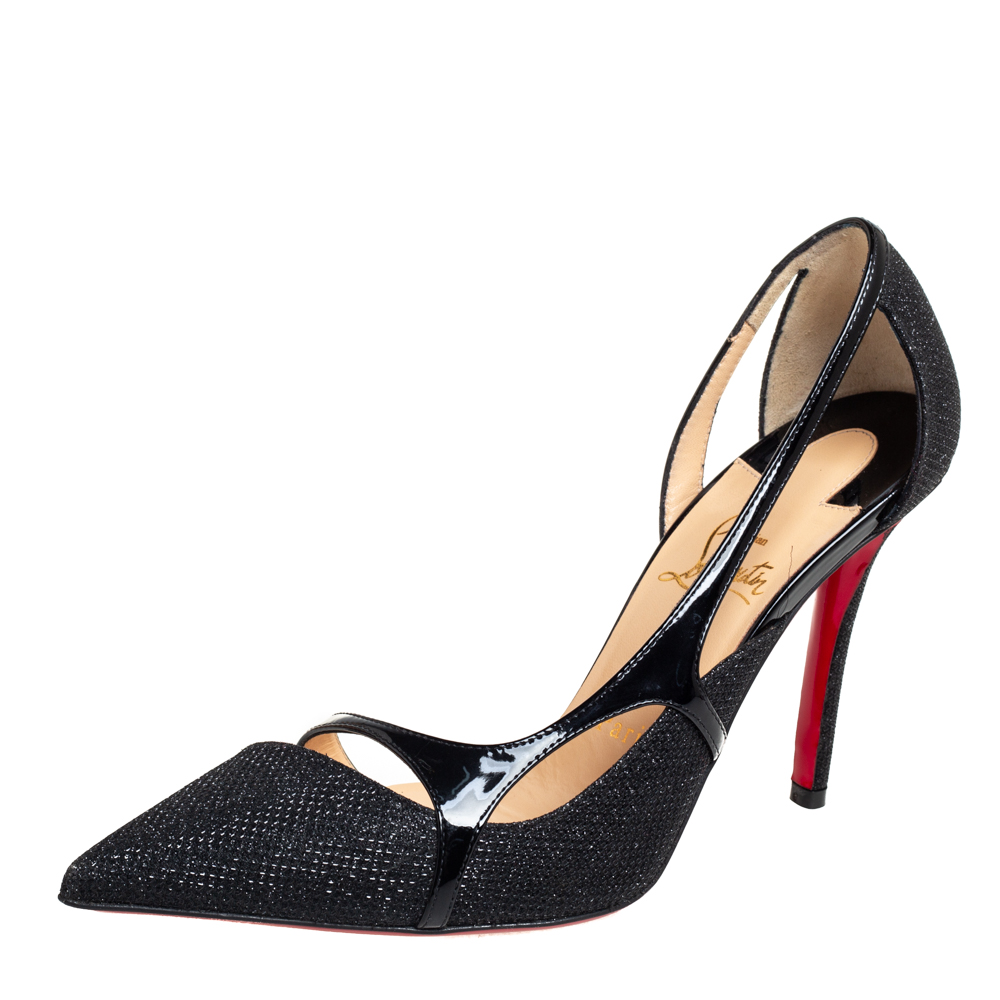 Pre-owned Christian Louboutin Black Glitter And Patent Leather Edith D'orsay Pumps Size 36.5