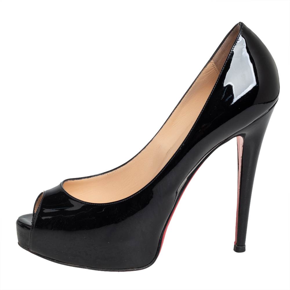 

Christian Loubuton Black Patent Leather Lady Peep Platform Pumps Size
