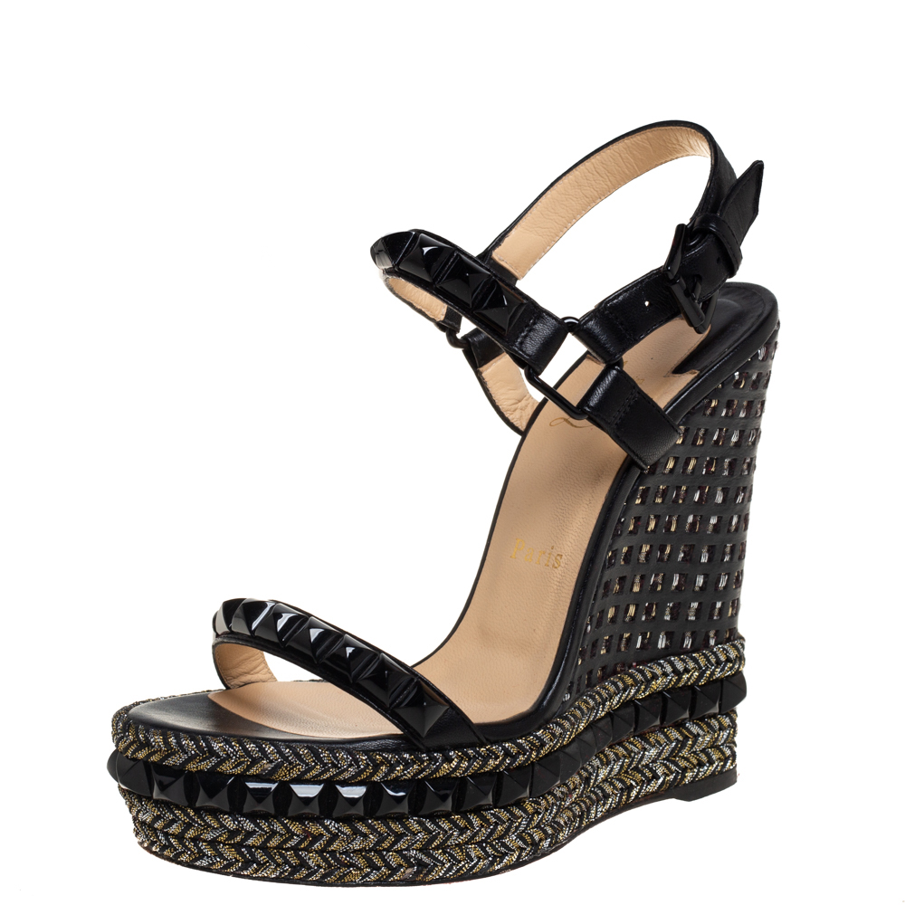 Pre-owned Christian Louboutin Black Studded Leather Cataclou Espadrille Wedge Sandals Size 37
