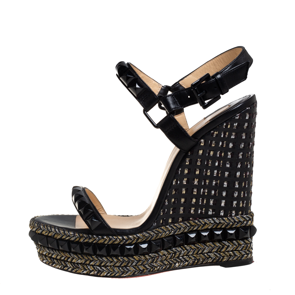 

Christian Louboutin Black Studded Leather Cataclou Espadrille Wedge Sandals Size