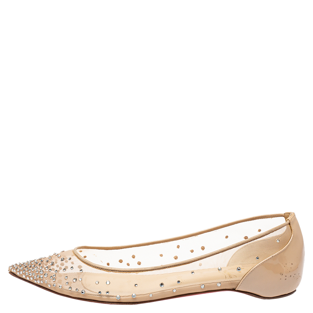

Christian Louboutin Beige Embellished Mesh Follies Strass Pointed Toe Ballet Flats Size