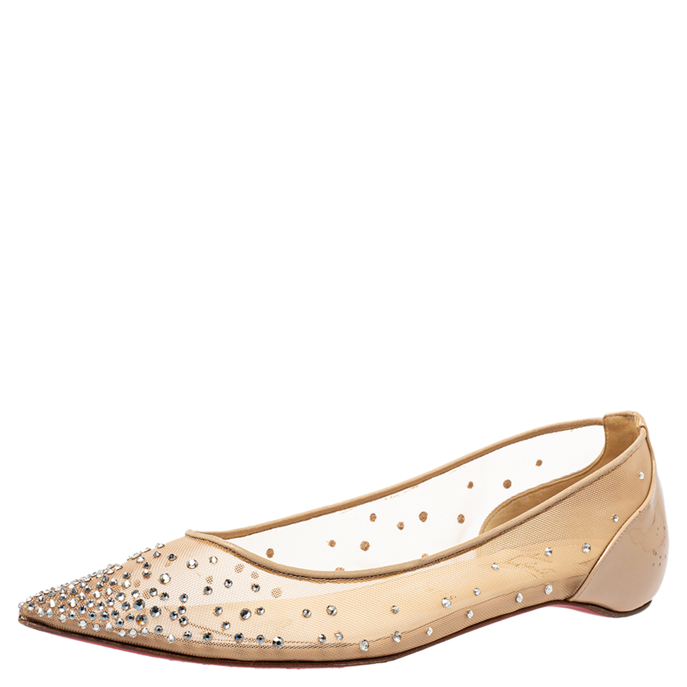 Pre-owned Christian Louboutin Beige Embellished Mesh Follies Strass Pointed Toe Ballet Flats Size 40