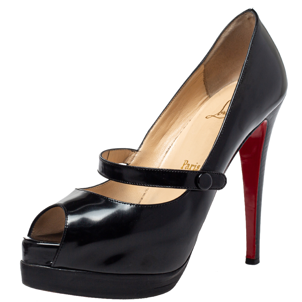 Pre-owned Christian Louboutin Black Patent Leather Mary Jane Peep Toe Pumps Size 39