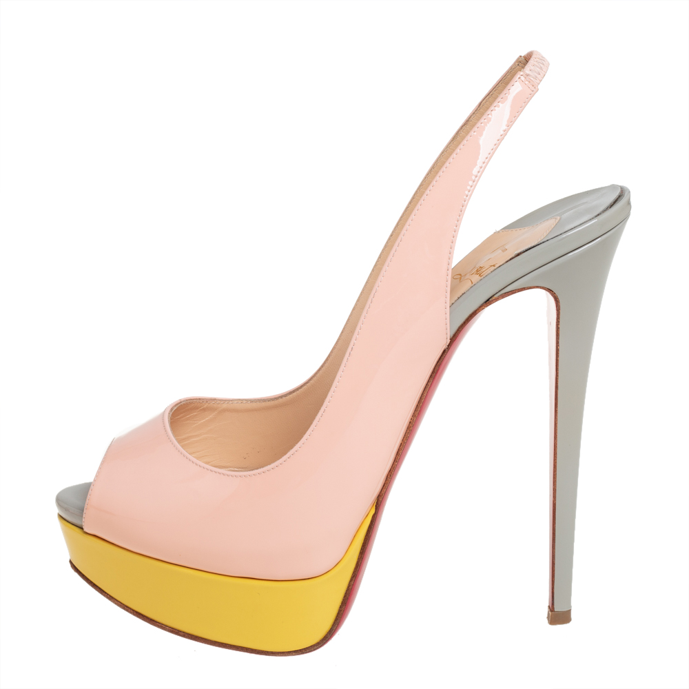 

Christian Louboutin Multicolor Patent Leather Lady Peep Toe Slingback Platform Sandals Size