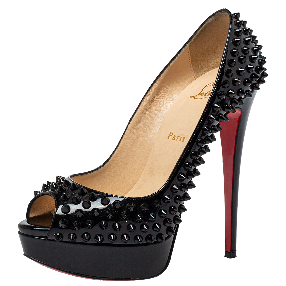 Pre-owned Christian Louboutin Black Patent Leather Lady Peep Toe Spike Platform Pumps Size 39