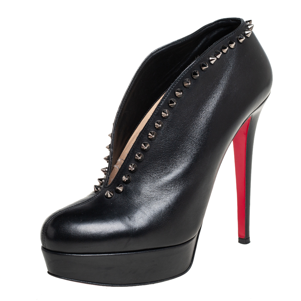 Pre-owned Christian Louboutin Black Leather Spiked Miss Fast Plato Booties Size 38.5