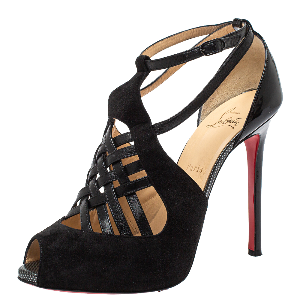 Pre-owned Christian Louboutin Black Leather And Suede Carlota Sandals Size 41.5