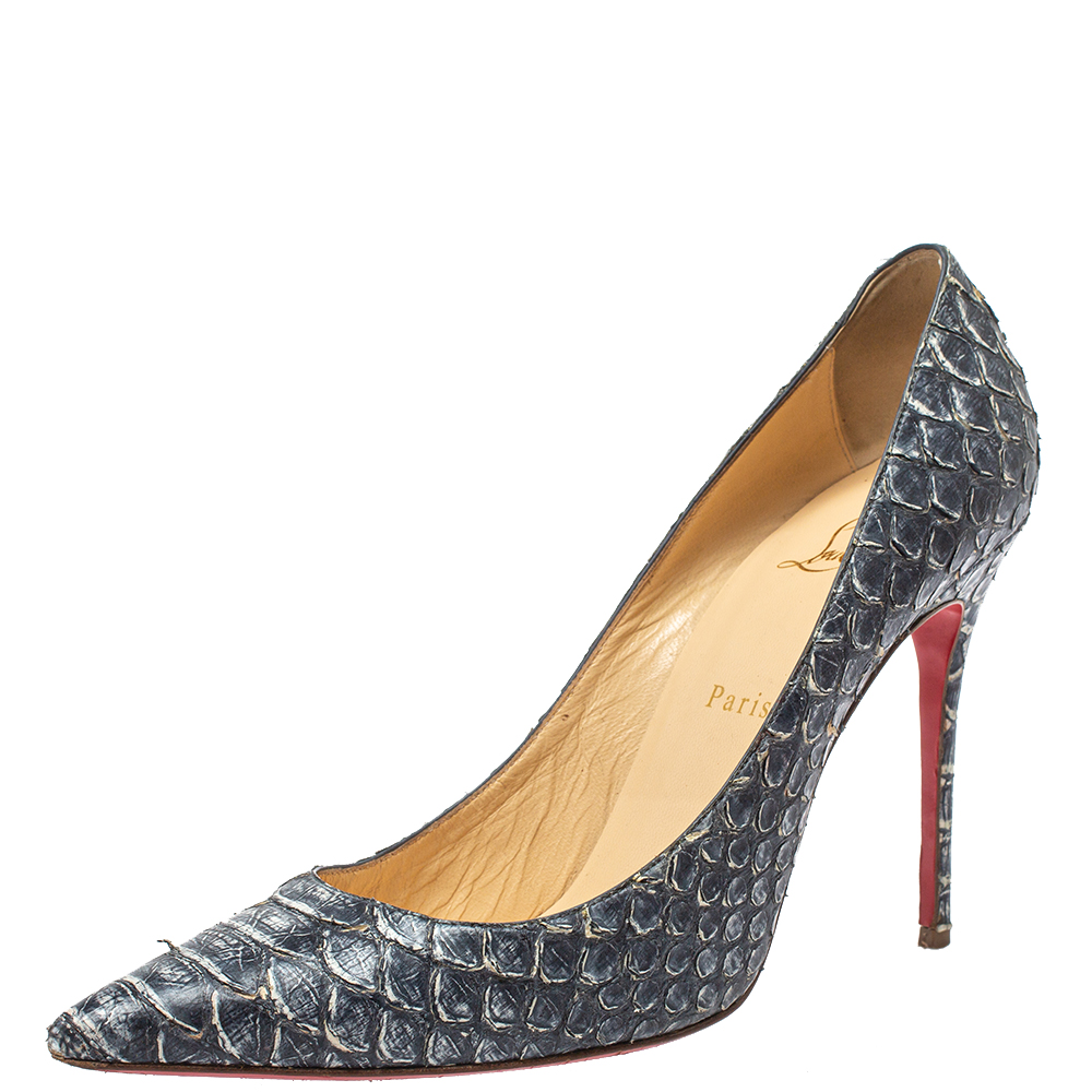 Pre-owned Christian Louboutin Blue/white Python Embossed Leather Decollete Pumps Size 40.5
