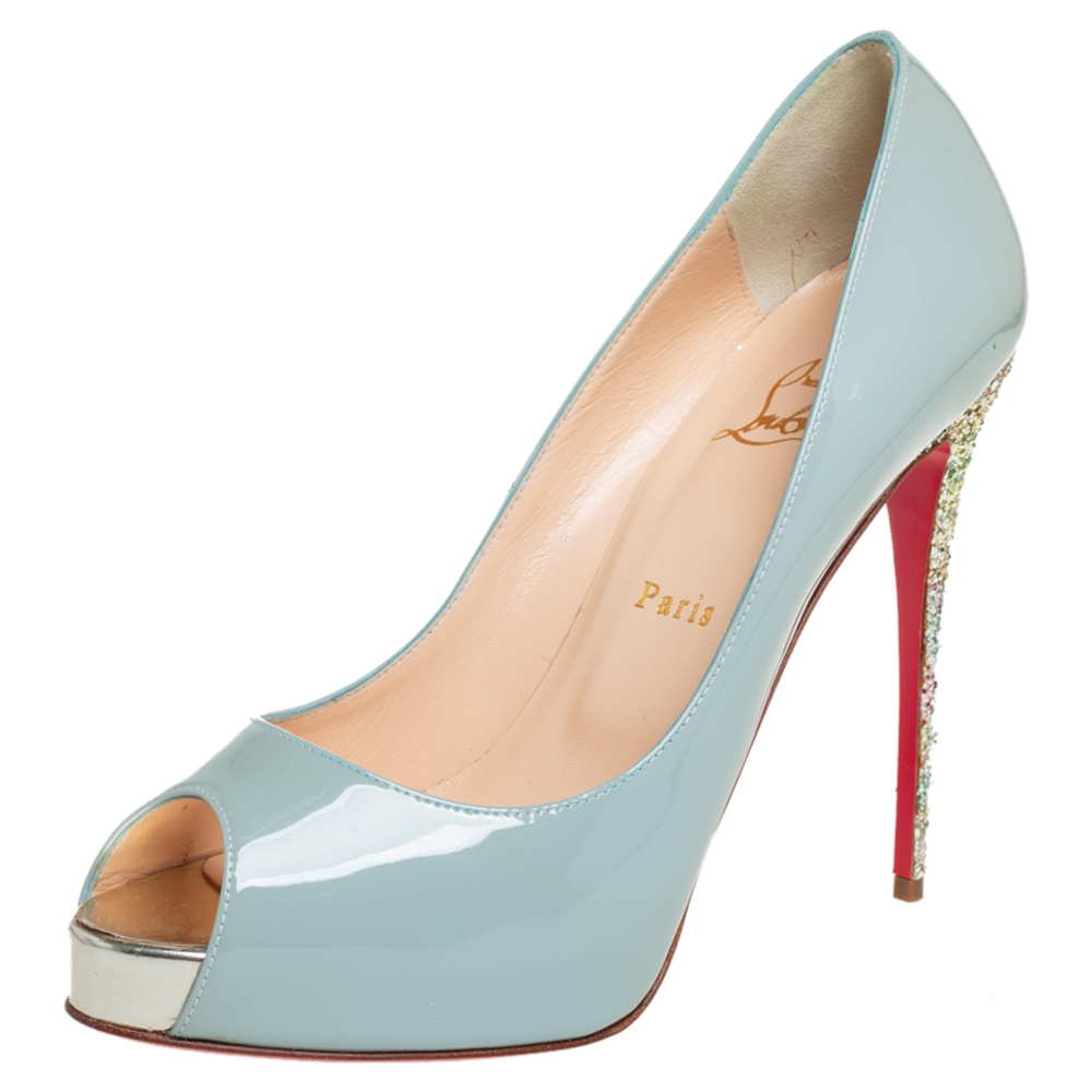 Pre-owned Louboutin Blue Patent Leather New Very Prive Glitter Heel Platform Pumps 40 | ModeSens