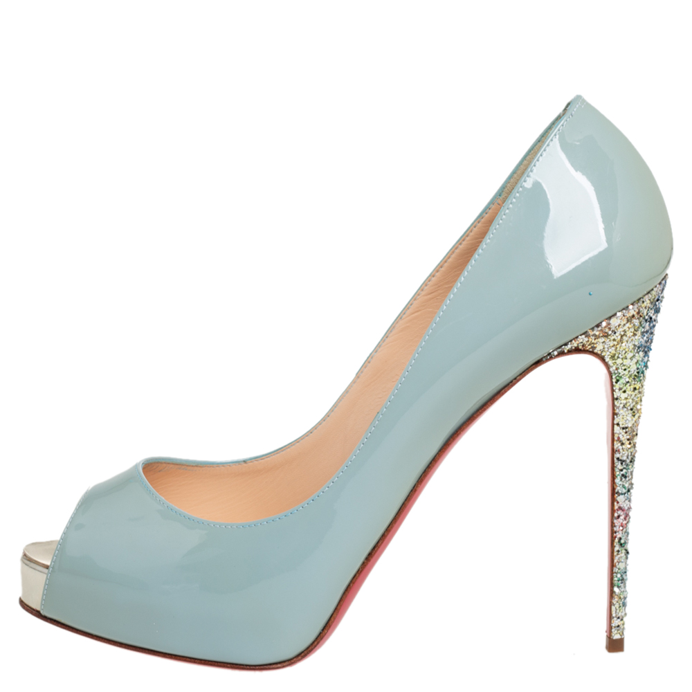 

Christian Louboutin Blue Patent Leather New Very Prive Glitter Heel Platform Pumps Size