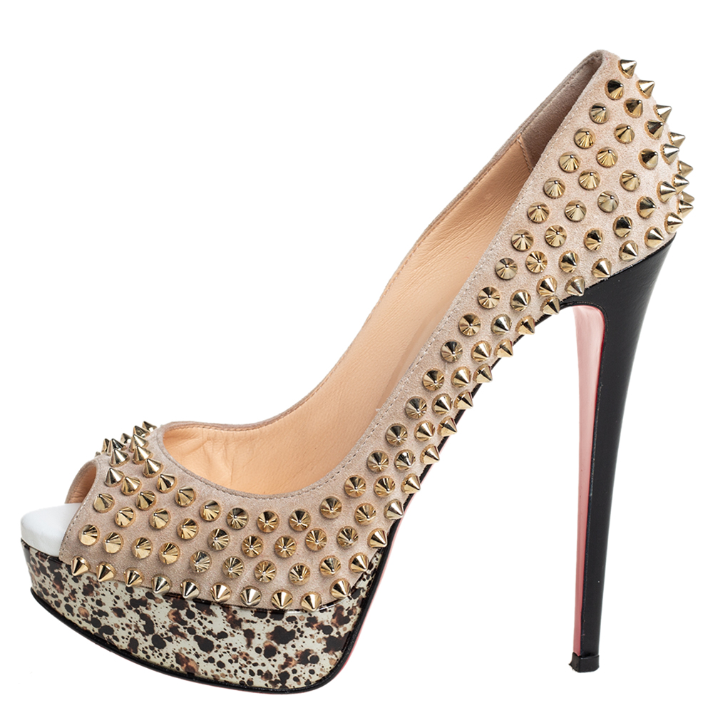 

Christian Louboutin Beige Suede Lady Peep Spike Platform Pumps Size