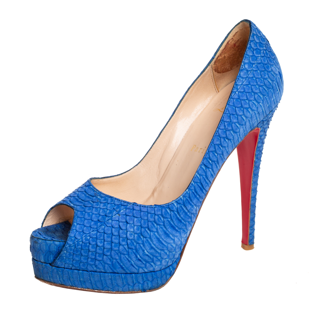 Pre-owned Christian Louboutin Blue Python Leather Lady Peep Toe Pumps Size 38.5