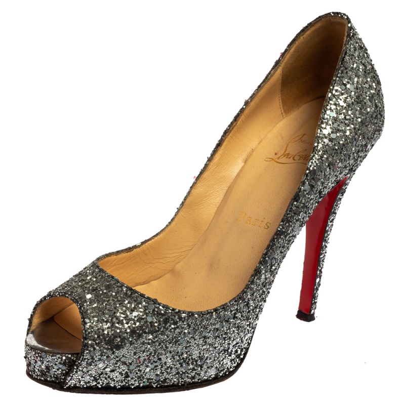 Pre-owned Christian Louboutin Metallic Grey Glitter Fabric New Very Prive Peep Toe Pumps Size 38