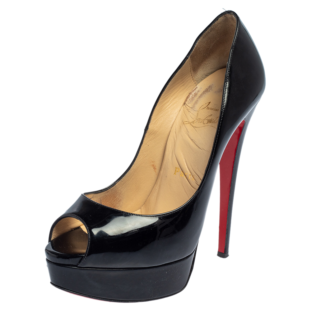 Pre-owned Christian Louboutin Black Patent Leather Lady Peep Toe Pumps Size 37
