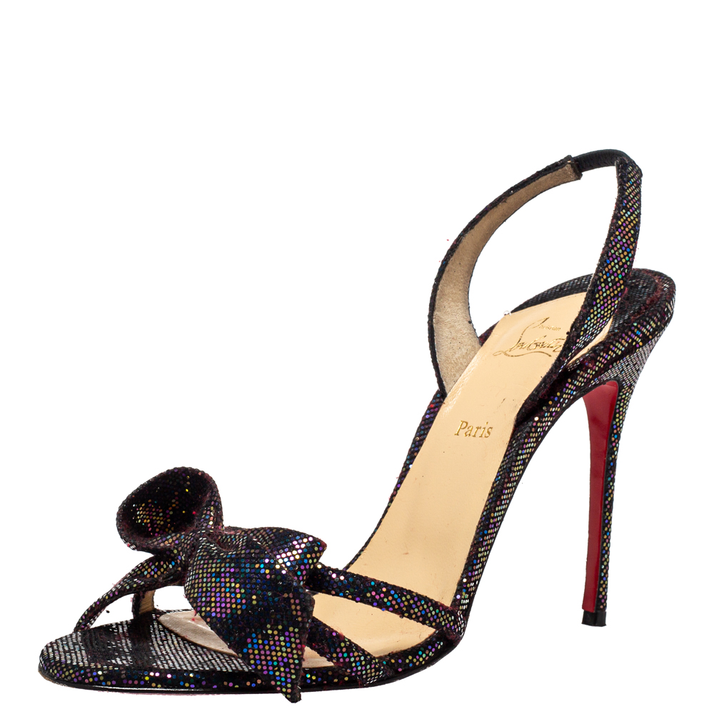 Pre-owned Christian Louboutin Black Glitter Bow Sling Back Sandals Size 38