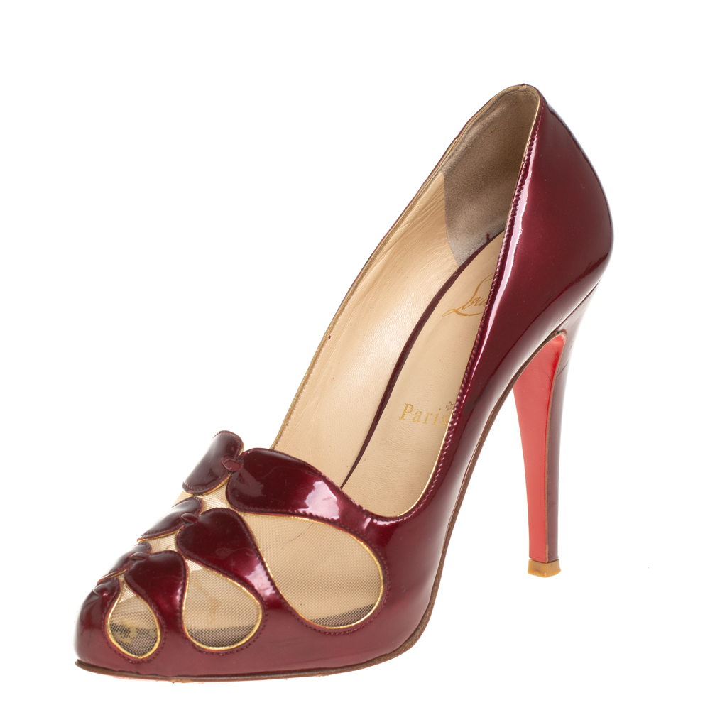 Pre-owned Christian Louboutin Burgundy Patent Leather And Mesh Pumps Size 36